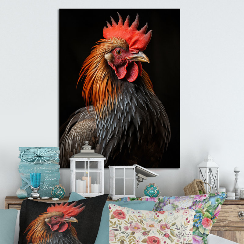 Portrait de coq noir - décoration murale animaux en métal, H 32 po x l 24 po x P 1 po