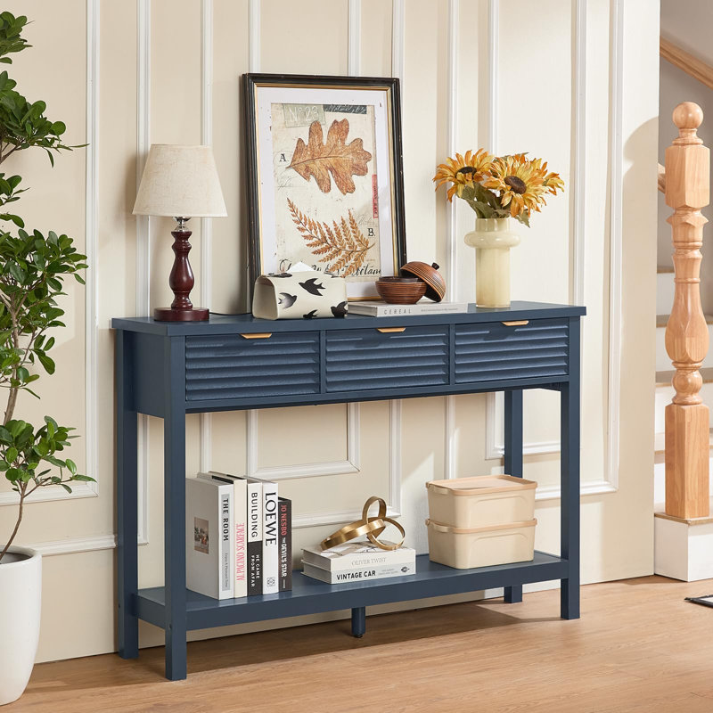 Console en bois cannelé à 3 tiroirs, Bleu marine foncé
