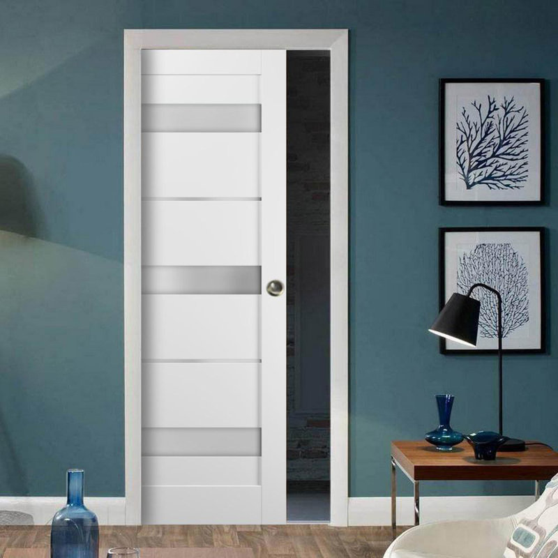White MDF Sliding Pocket Door with Frosted Glass Panels