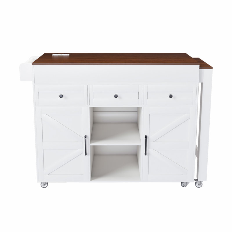Îlot de cuisine extensible avec table de salle à manger, prise de courant et rangement sur roulettes, blanc