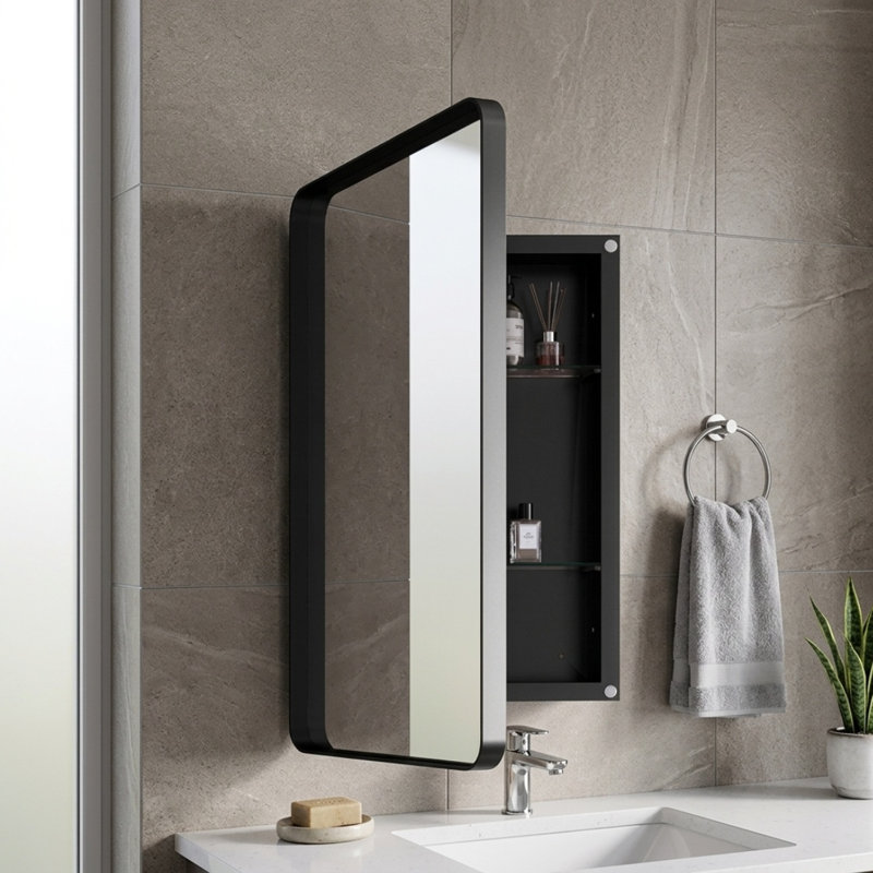 Armoire à pharmacie encastrée de 51 x 76 cm (20,1 x 30,1 pouces) avec cadre en métal noir, armoire à miroir murale et étagères réglables en verre trempé pour salle de bain