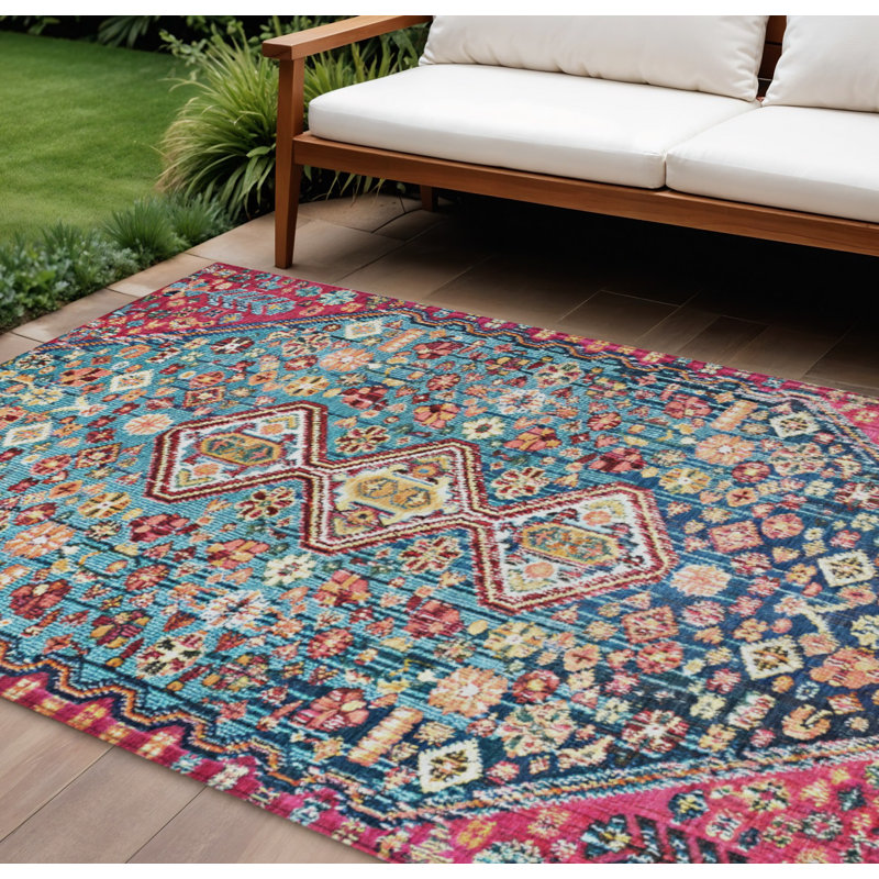 Tapis intérieur/extérieur lavable bleu sarcelle et merlot à motifs aztèques, 2,44 m x 3,05 m