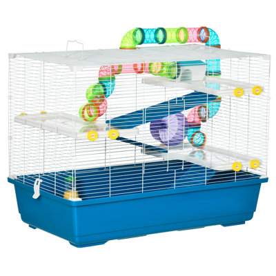 Cage à hamster extra large avec tubes et tunnels, abri pour petits animaux à 4 niveaux avec poignées de transport portables, trousse de cage à gerbe pour rat avec bouteille d'eau, plat à nourriture et roue d'exercice