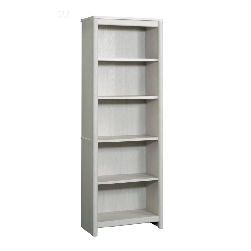 Bibliothèque à 5 tablettes avec trois tablettes réglables, panneau arrière fermé et fabrication durable pour un rangement polyvalent dans n'importe quelle pièce.