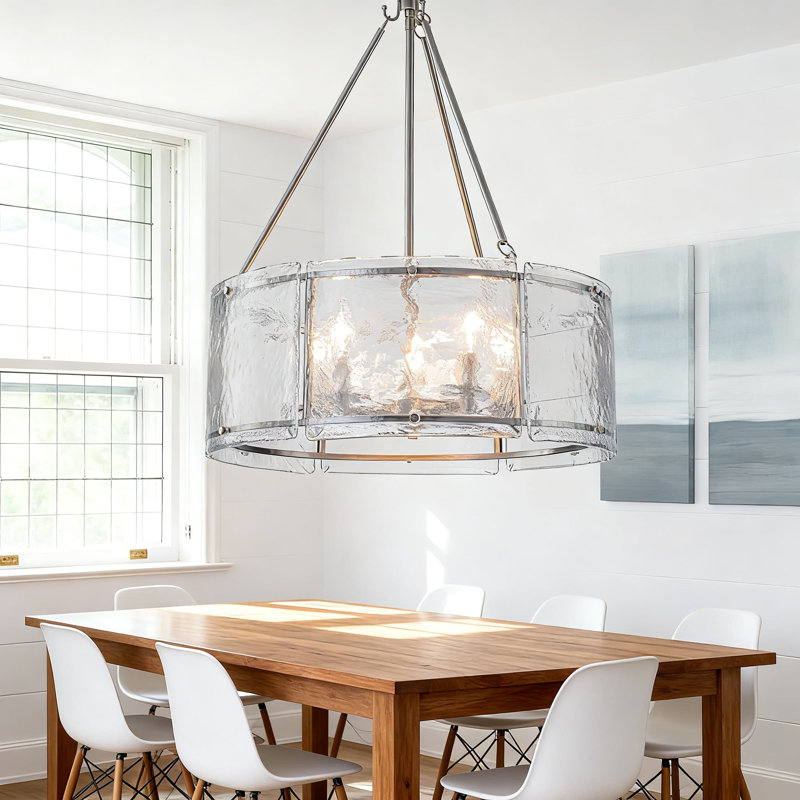 Brushed Nickel Drum Chandelier With Handcrafted Glass Shade, Adjustable Hanging Pendant Light Fixture For Dining Room, Foyer, Living Room And Bedroom