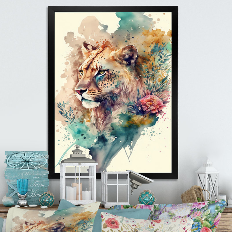 «Cute Lions Floral II», impression sur toile, H 40 po x l 30 po x P 1,5 po, Cadre photo noir