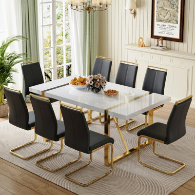9-Piece Modern Glam Rectangular High-Gloss Dining Table with Metal Base and Faux Leather Cantilever Chairs