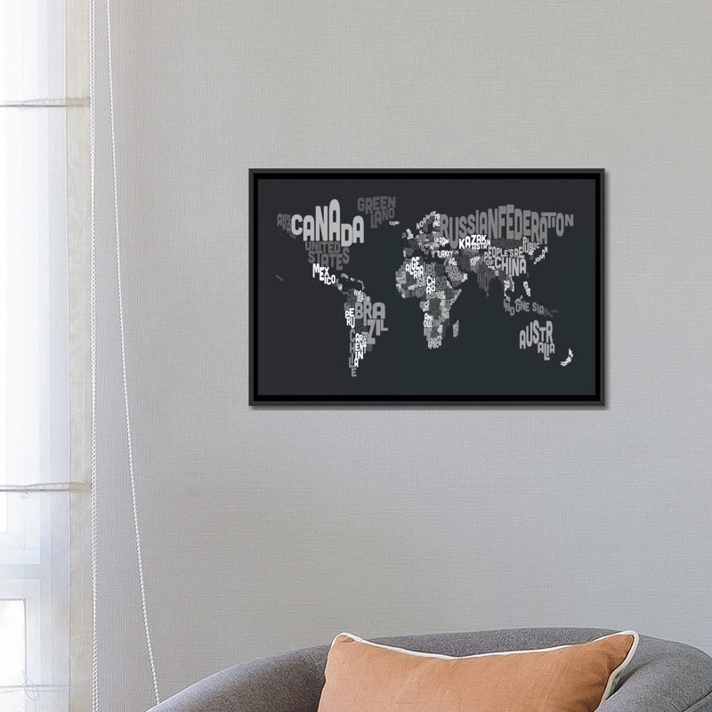 Impression sur toile, "carte du monde" Karlskrona, H 18 po x l 26 po x P 1,5 po, Toile avec cadre flottant noir, Pas de tapis