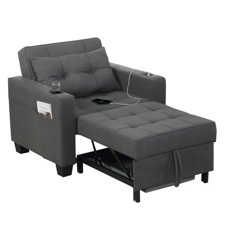 Upholstered Convertible Backrest Single Sofa Bed Accent Chair, Dark Grey