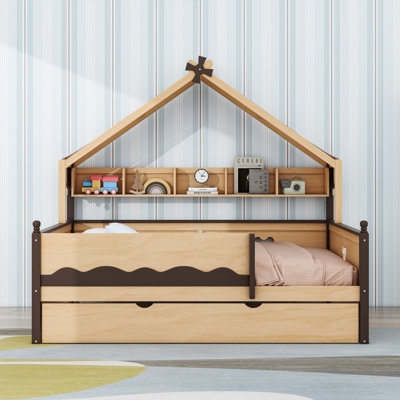 Wooden House-Shaped Bed with Shelves and Trundle