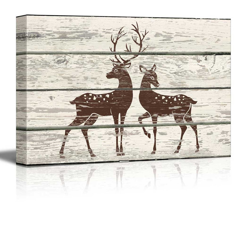 Animals " Stag And Doe In Block Print Artwork Rustic Home Art ", 12" H x 18" W