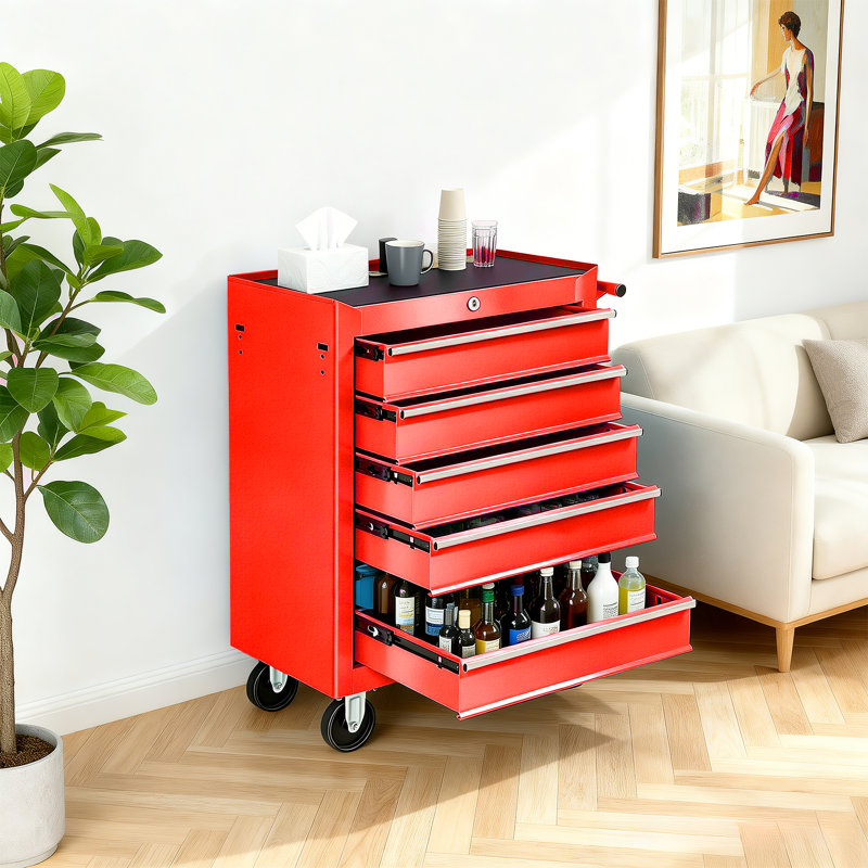 5-Drawer Rolling Tool Chest With Lock, Tool Cart Storage Cabinet Organizer With Wheels and Handle, Red