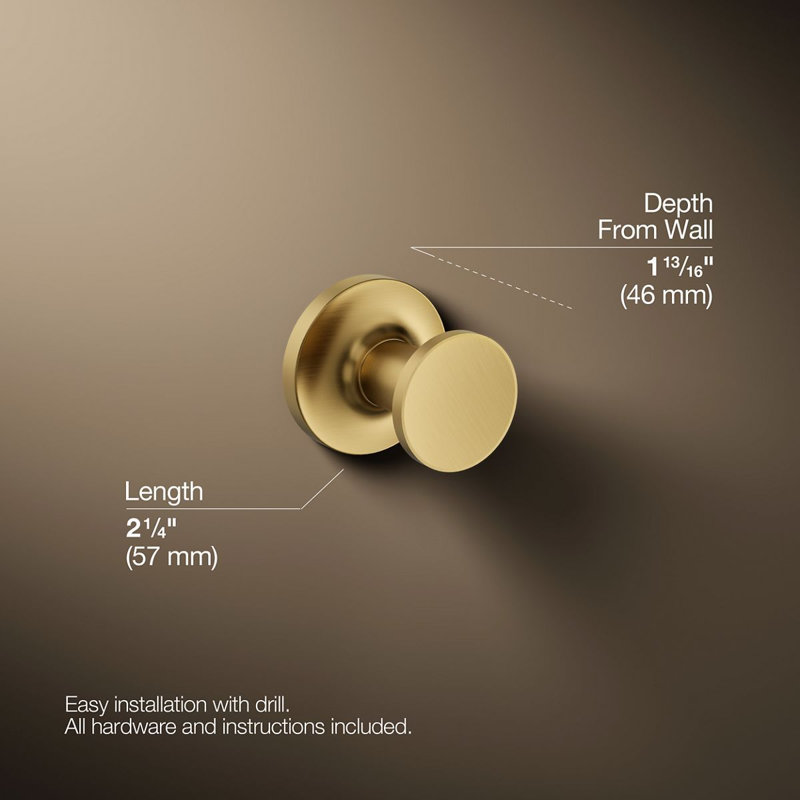 Purist® Wall Mounted Round Bathroom Robe Hook, Towel Hook, Clothing Hook, Vibrant Brushed Moderne Brass