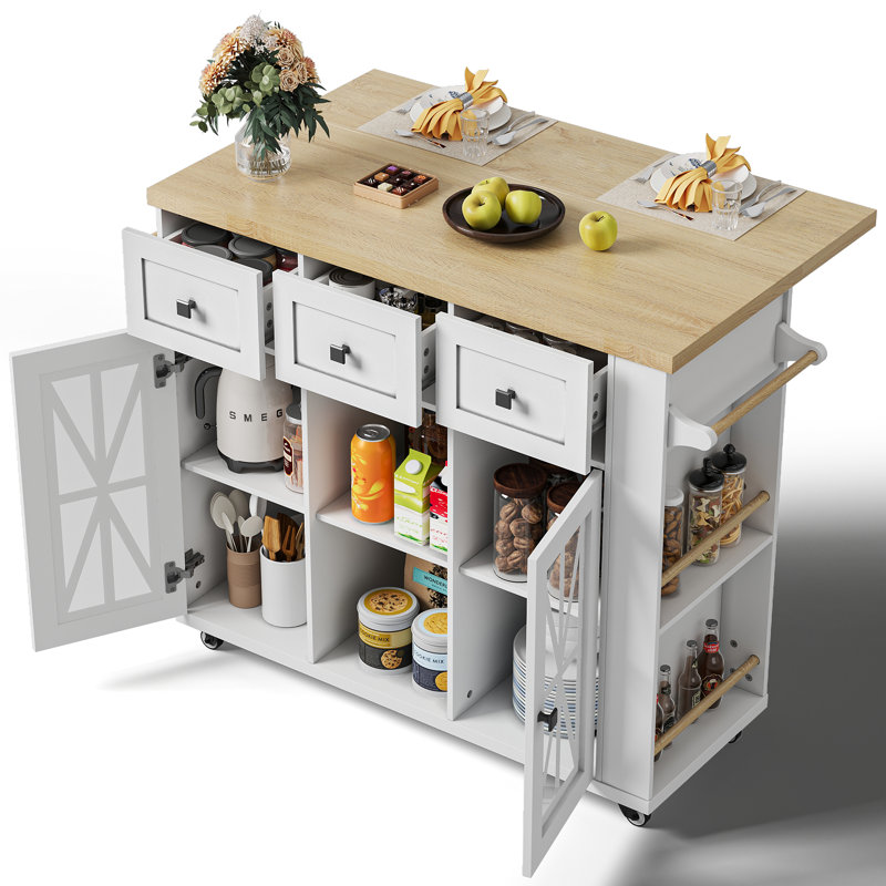 Farmhouse Style 41.3’’ L Wooden Mobile Kitchen Island With Drop Leaf Countertop, Rolling Kitchen Cart With Storage Cabinets, Drawers And Side Racks For Home Kitchen And Dining Rooms