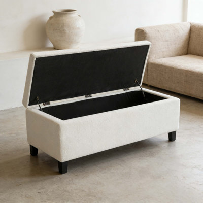White Boucle Upholstered Storage Ottoman Bench With Tufted Top & Rubber Wood Legs, 300 Lbs Weight Capacity For Living Room, Bedroom & Entryway