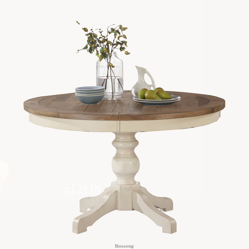 Table de salle à manger ronde en bois blanc antique et chêne vieilli deux tons
