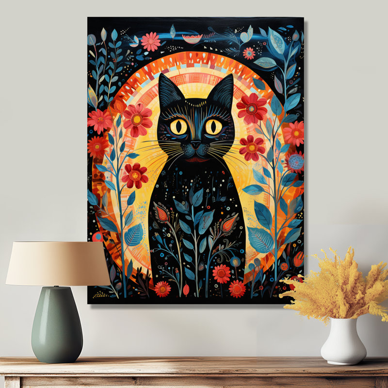«Black Boho Flower Cat - Cat», reproduction d'art murale, H 44 po x l 34 po x P 1,5 po, Toile tendue