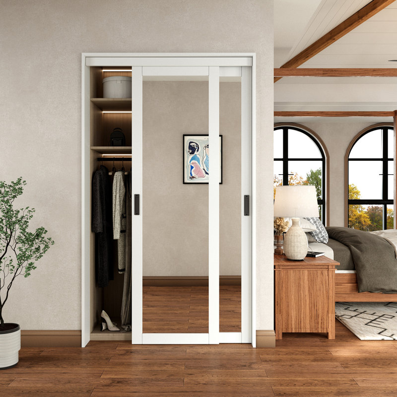 Porte de placard coulissante pleine grandeur 48 po x 80 po avec miroir et trousse de quincaillerie et poignées, pour une surface finie prête à être utilisée