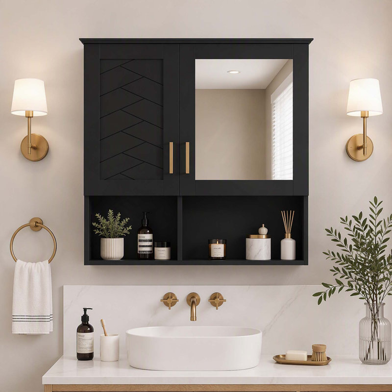 Armoire de toilette murale 2 en 1 avec miroir, étagères réglables et portes à fermeture en douceur, Noir