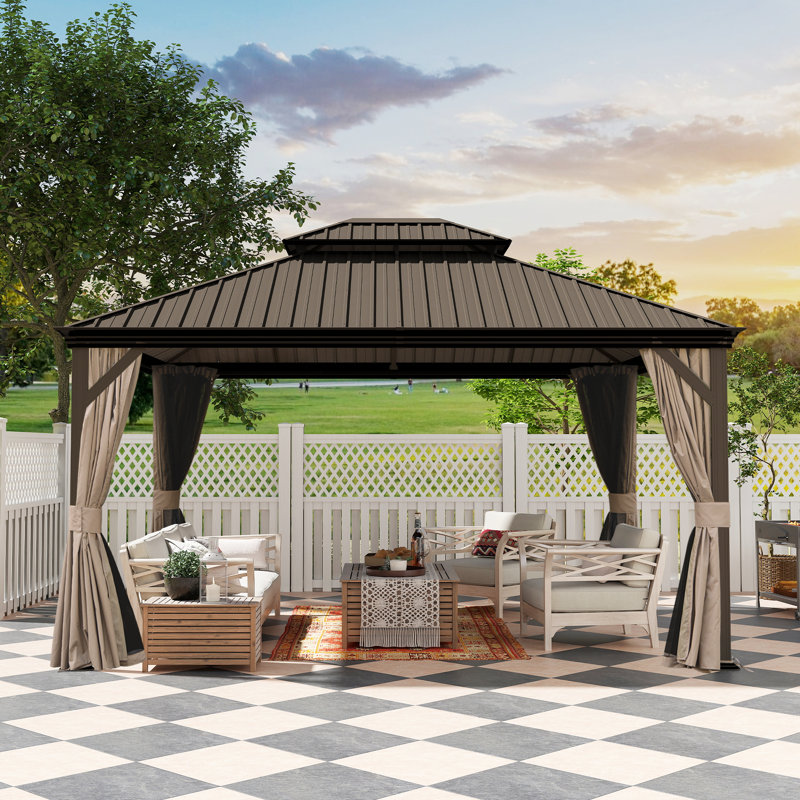 Outdoor Galvanized Steel Patio Gazebo with Double Roof, 114.7" H x 142.91" W x 117.32" D, Brown