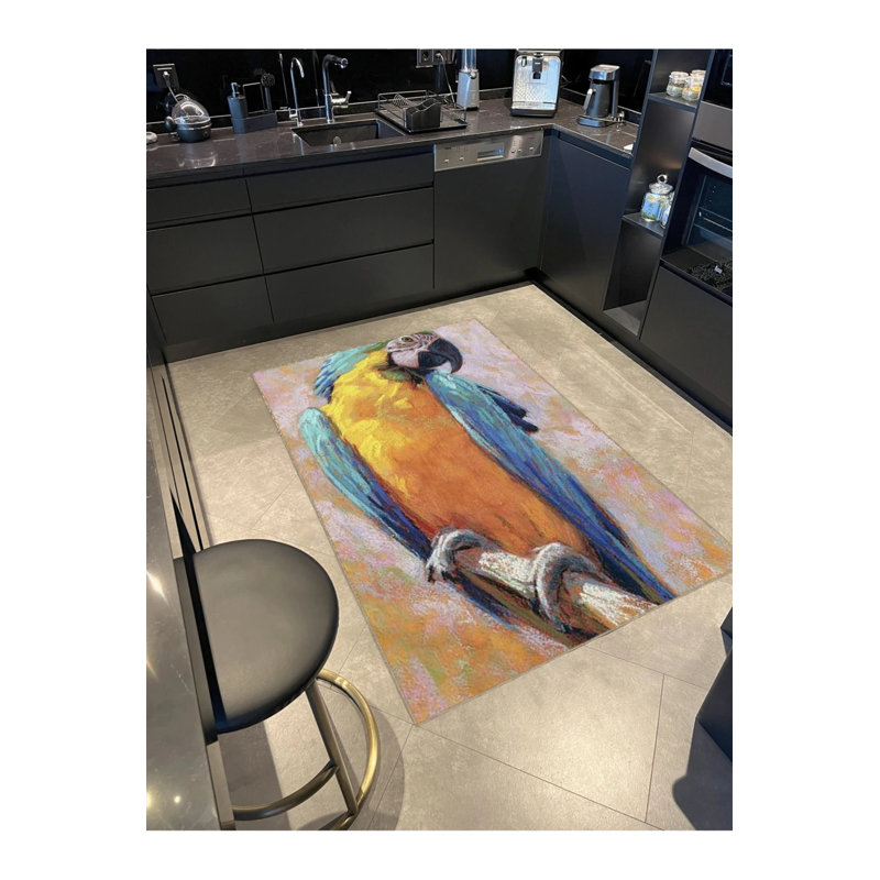 Blue Yellow Themed Parrot Patterned Creative Modern Decorative Carpet, Round 3'4"