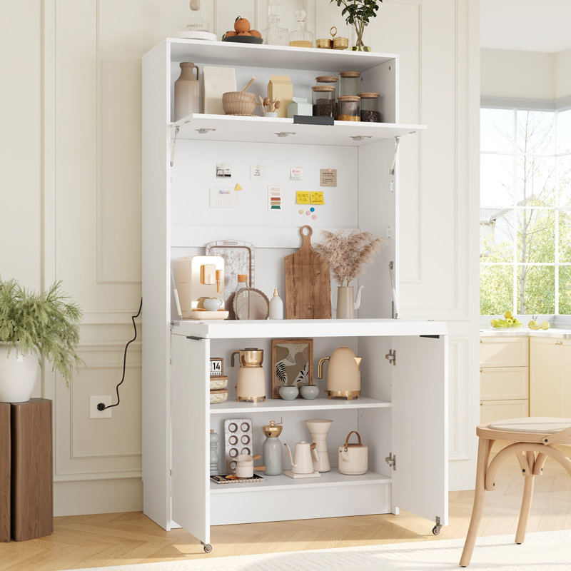 Buffet de cuisine compact autoportant avec huche, poste de travail rabattable et prise de courant intégrée, tablettes réglables, 35,8 po x 15 po x 69 po