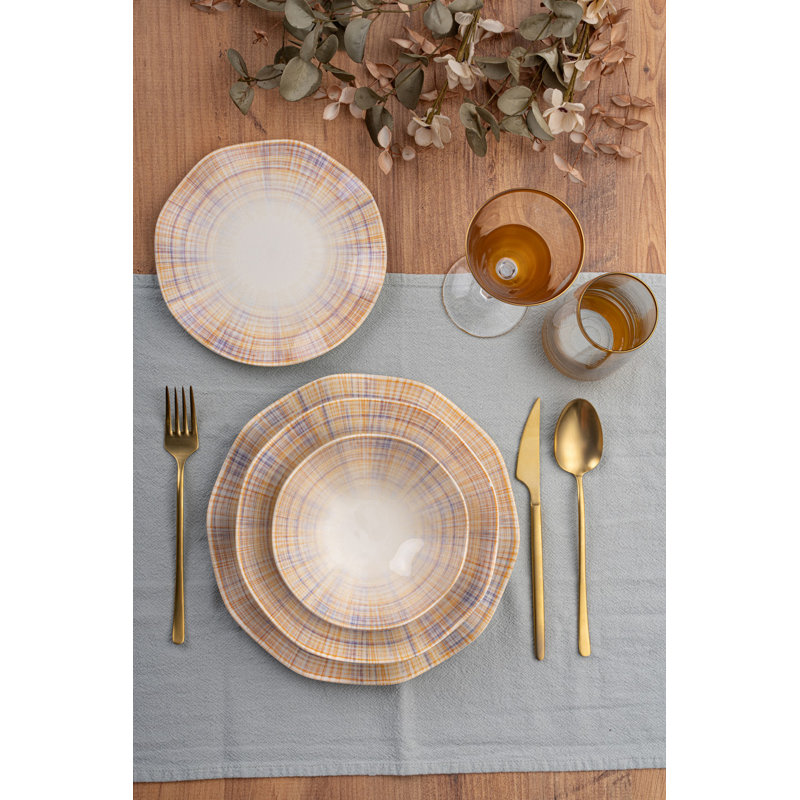 Elegant 24-Piece Dinner Set, 100% Porcelain | Includes 6 Service Plates (9.8 x 9.8 x 0.8 inches), 6 Plates (8.3 x 8.3 x 1.8 inches), 6 Bowls (6.3 x 6.3 x 2.0 inches), 6 Dessert Plates (7.5 x 7.5 x 0.8 inches) | Dishwasher & Microwave Safe