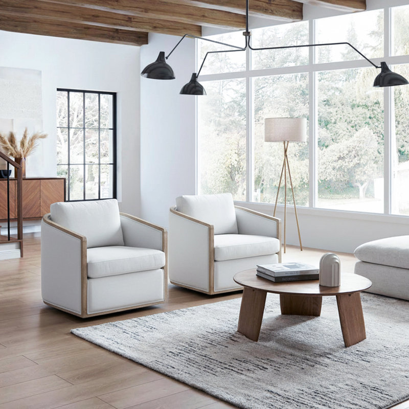 Holl Two Pieces 30" Wide Performance Fabric Upholstered Swivel Chair, No Assembly Required, Ivory Linen