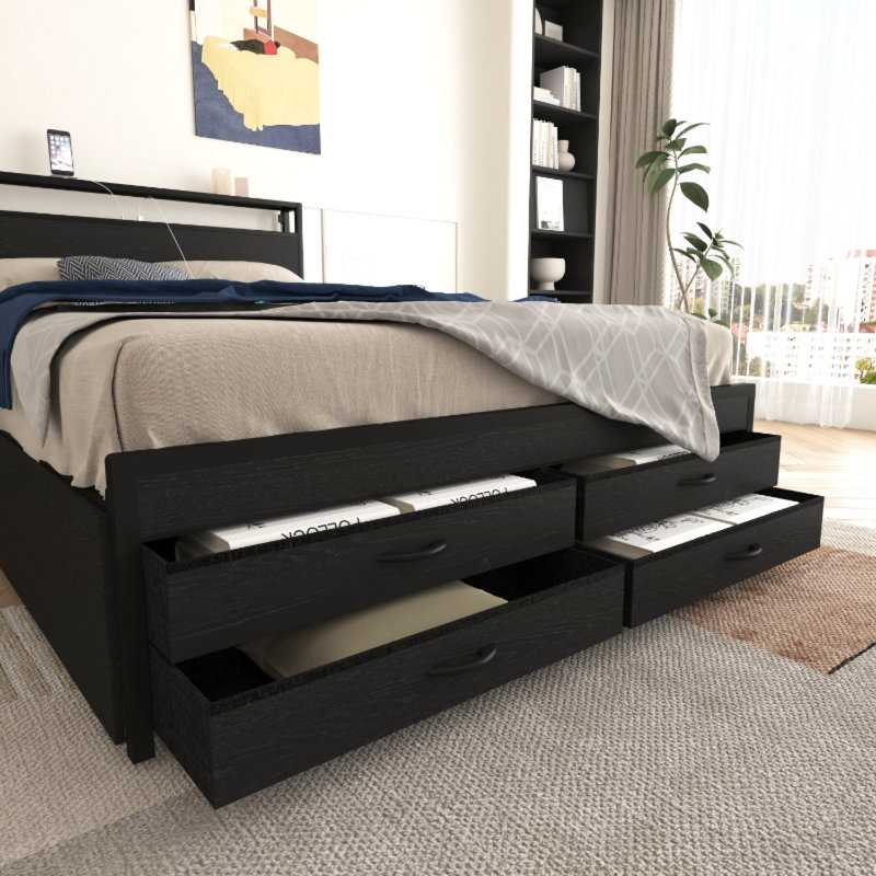 Structure de lit double avec tête de lit à DEL et station de charge, fabrication en métal et en MDF, plateforme de rangement moderne avec 8 tiroirs pour la chambre à coucher