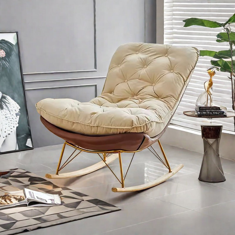 Chaise berçante nordique en tissu simple moderne, Brun / Blanc cassé