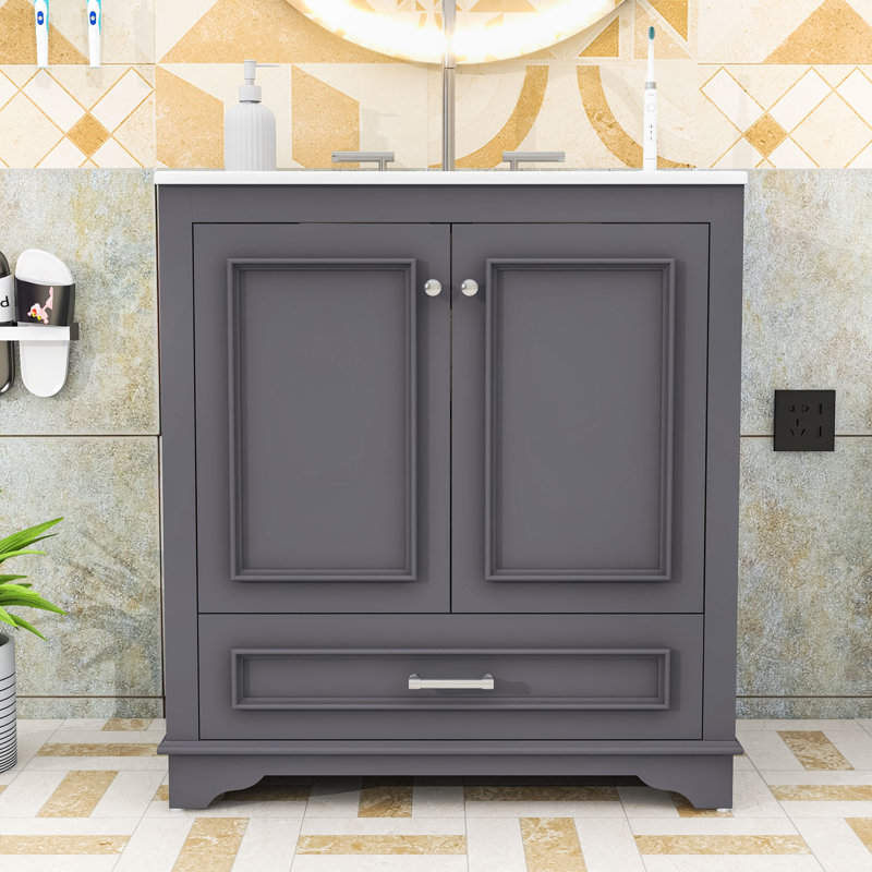 Meuble-lavabo de salle de bain avec lavabo en céramique, tablette réglable, tiroir et armoire de rangement, Blue