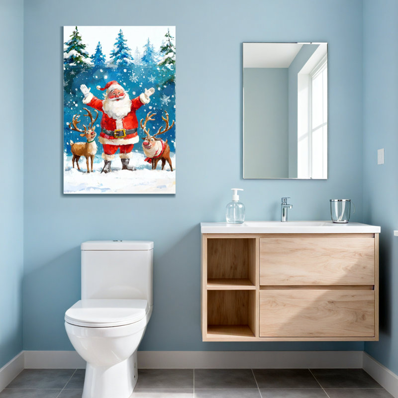 Noël père Noël avec renne dans la forêt enneigée, H 40 po x l 28 po