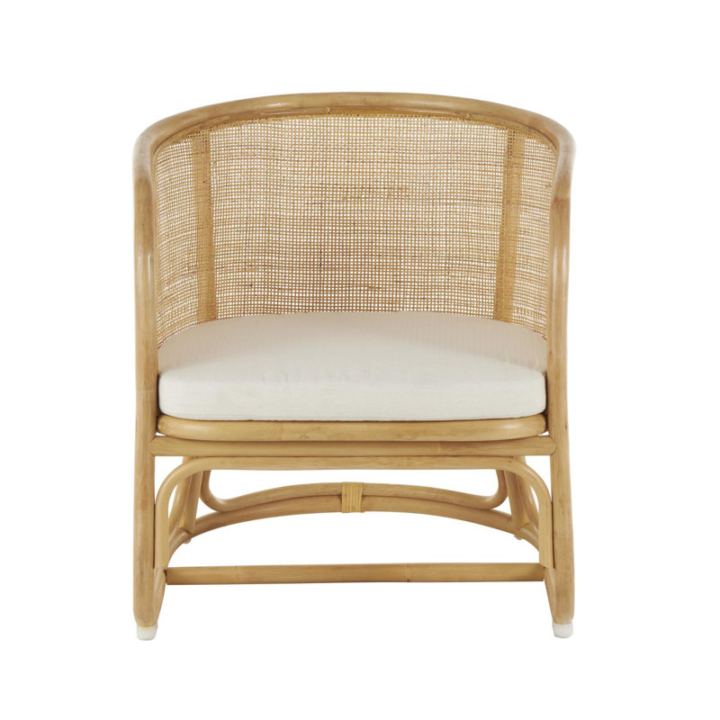Cole And Grey Rattan Woven Rounded Accent Chair With White Fabric Cushion
