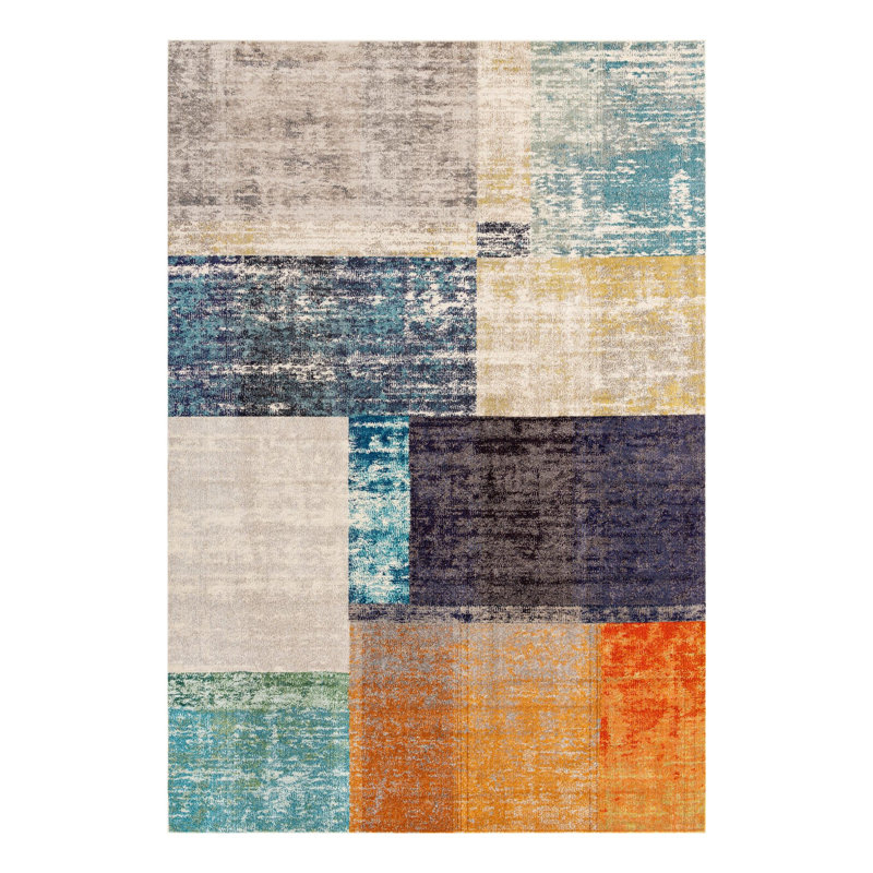 Octagon Abstract Navy/Gray/Orange Area Rug, Rectangle 9'1" x 14'