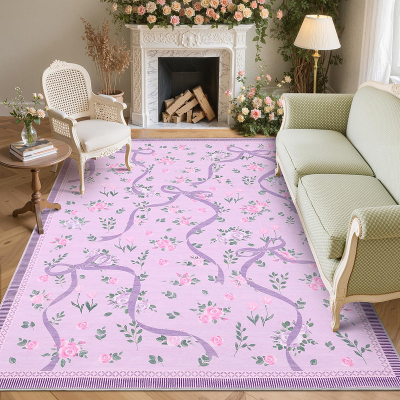 Washable Area Rug Bow Décor, Rectangle 8' x 10', Purple