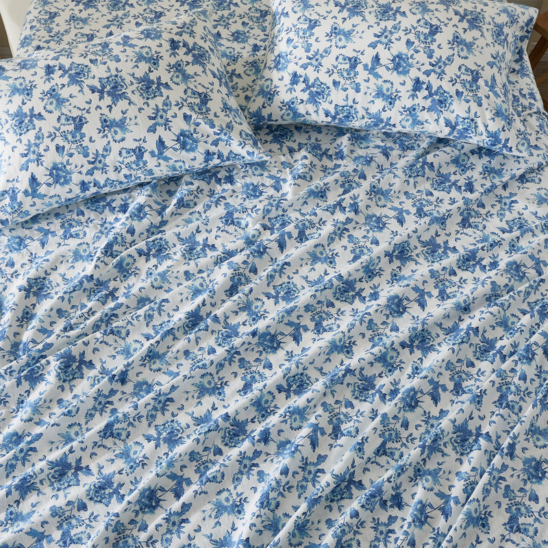 100% Cotton Vintage Floral Printed Flannel Sheet Set, Cal.King Sheet Set + 1 Fitted Sheet + 2 Pillowcase, Floral - Blue