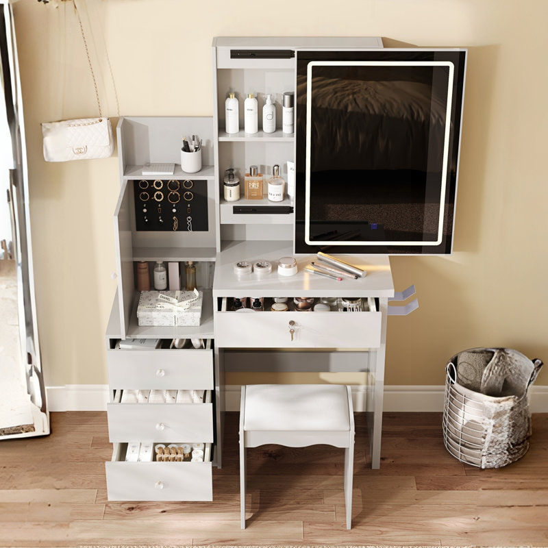 Ensemble de coiffeuse avec miroir éclairé coulissant et compartiments cachés