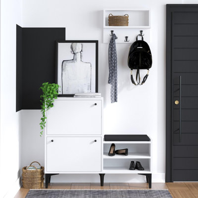 Armoire à chaussures élégante, panneau de particules enduit de mélamine à 100%, 43,3 po x 36,2 po x 13,8 po | Design élégant blanc et noir, épaisseur durable de 0,71 po | Idéal pour ranger les chaussures dans les vestibules et les couloirs modern