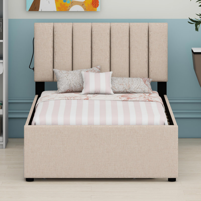Lit plateforme tapissier avec lit gigogne escamotable, Beige