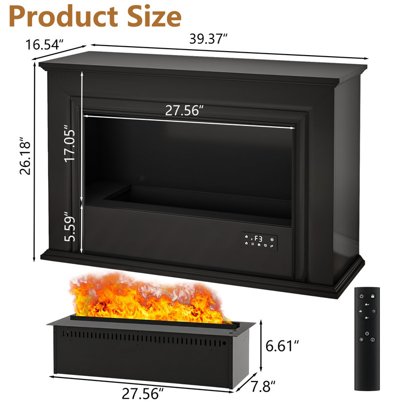 40"atomized Fireplace With Mantel, 27 Inch Water Vapor Fireplace Insert,realistic Flame Mist Fireplace,remote Control, Adjustable Led Flame, Automatic Water Level Display,black