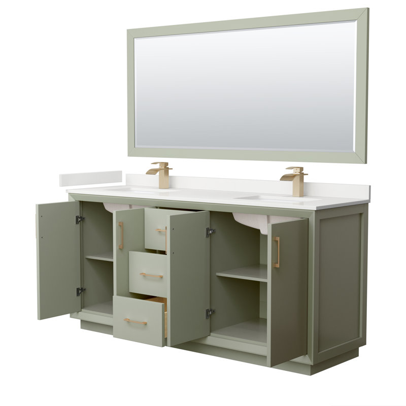 Strada 72'' W Double Vanity, White Quartz, Light Green, Satin Bronze
