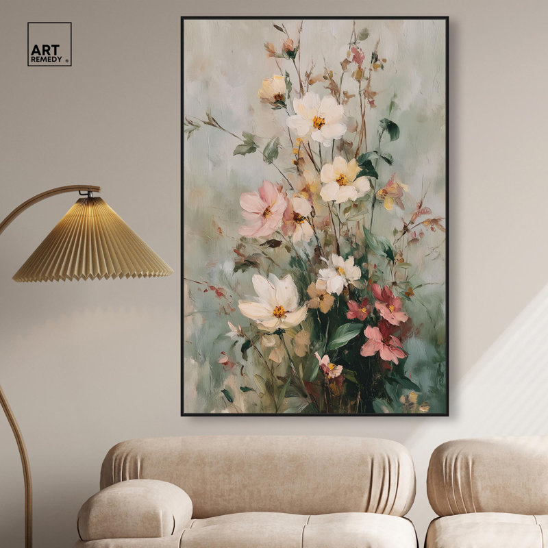 Art floral rétro sur toile , H 55 po x l 37 po, Cadre flottant noir