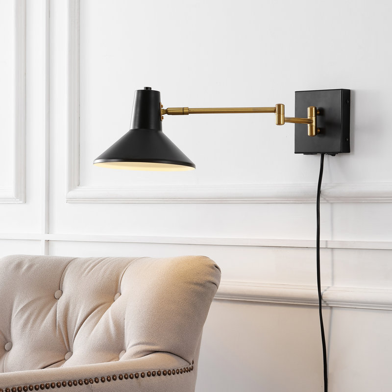 Applique murale portative de charge USB à 1 lumière en fer de style Mid-Century 16 po Jaco, noir / laiton doré, Noir