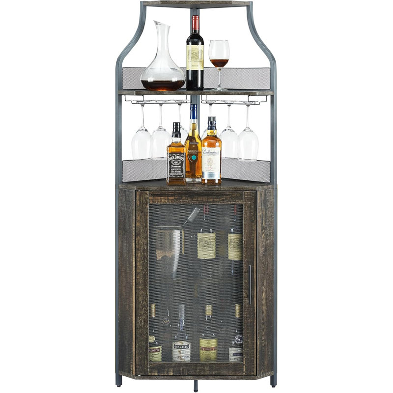 Corner Wine Bar Rack Cabinet With Detachable Wine Rack, Home Bar Cabinet, Oak