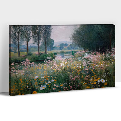 Landscape Wall Art - Serene Nature Canvas Wall Art with Colorful Meadow Flowers and Scenic River for Elegant Nature Pictures Wall Decor, Framed Artwork for Accent Spaces, 12×16 inches