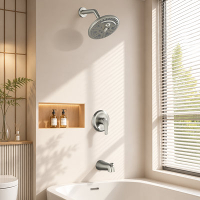 8-Inch 6-Function Rainfall Shower System, Pressure-Balanced Tub & Shower Faucet Set with Brass Valve, Matte