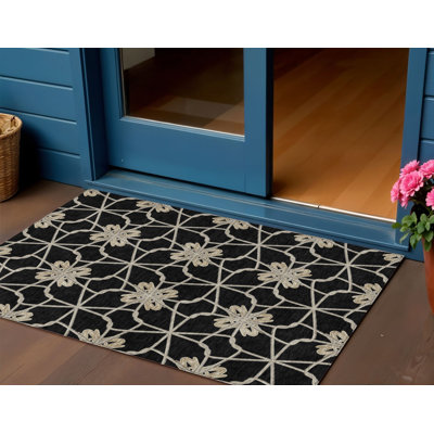 3' X 5' Black And Ivory Geometric Washable Indoor Outdoor Area Rug