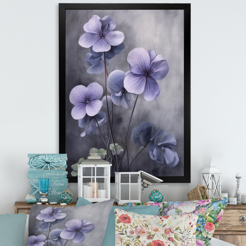 Mauve gris, violettes, rêve I - art mural floral, H 44 po x l 34 po x P 1,5 po, Cadre simple noir