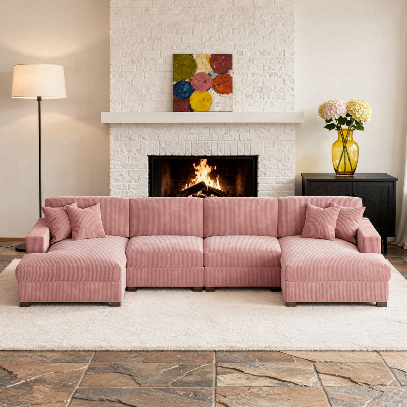 Canapé modulaire en velours côtelé, Velours côtelé rose, H 33 po x l 151 po x P 63 po