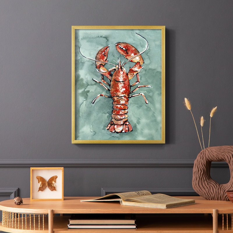 «Aquatic Lobster I», reproduction encadrée - bois massif, Or, H 14 po x l 11 po